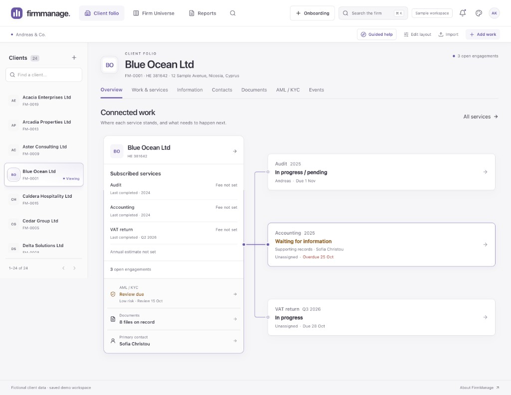 Actual FirmManage sample client folio with connected records and workflows