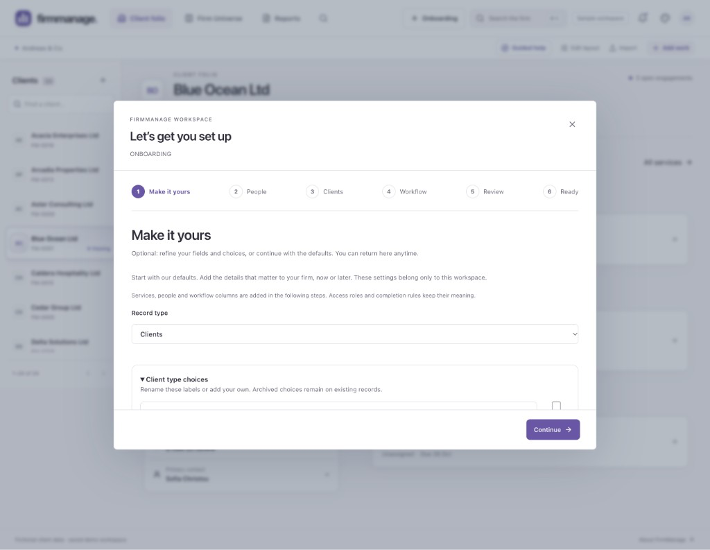 Actual FirmManage onboarding on the Make it yours step