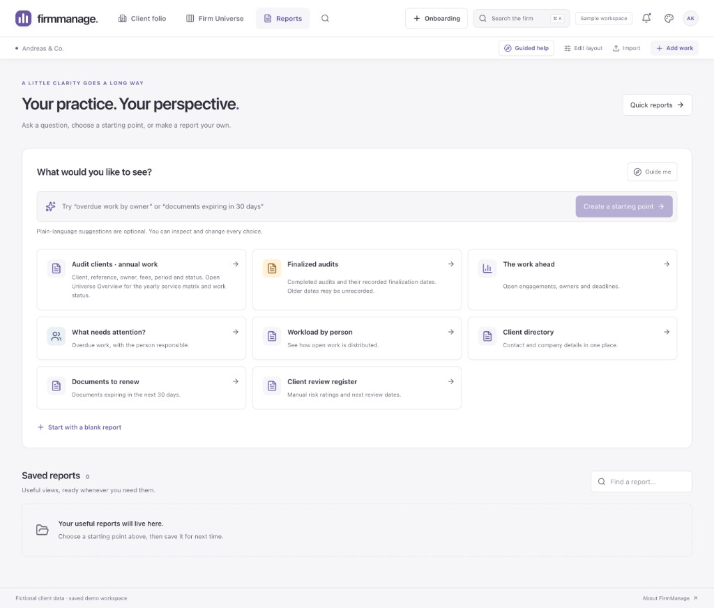 Actual FirmManage Reports starting screen with suggestions and report templates